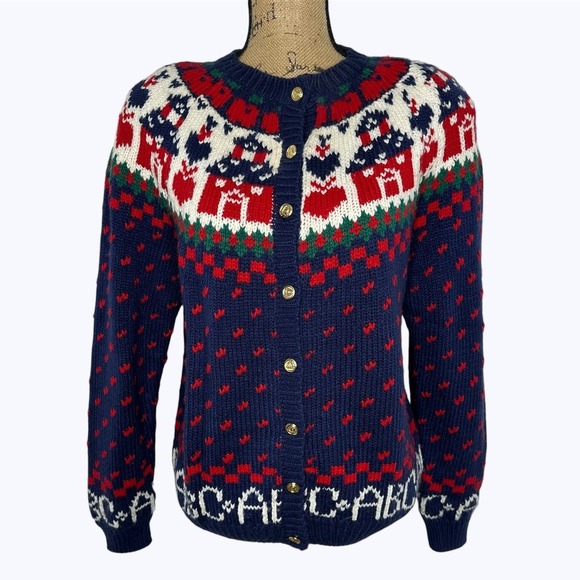 Northern Isles Sweaters - Northern Isles Cardigan Blue Gold‎ Buttons ABC Schoolhouse Teacher Vintage Sz XL